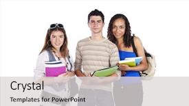  Presentation with books - Cool new theme with back school teenagers - three happy students holding books backdrop and a light gray colored foreground