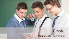  Presentation with students and covid - Beautiful theme featuring back school teenagers - three smiling students with tablet backdrop and a  colored foreground