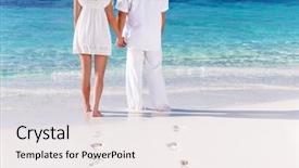  Presentation with togetherness - Colorful presentation theme enhanced with back side of young couple standing on the white sandy beach and looking on the sea body part togetherness concept backdrop and a sky blue colored foreground