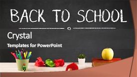  Presentation with school desk - Cool new slides with back to school concept with writing on blackboard in capital letters and a desk with papers fruit backdrop and a dark gray colored foreground