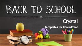  Presentation with school desk - Colorful PPT theme enhanced with back to school concept with writing on blackboard in capital letters and a desk with papers fruit backdrop and a dark gray colored foreground