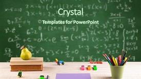  Presentation with school desk - Beautiful presentation theme featuring back to school concept with long numbers calculation on blackboard and a desk with books fruit backdrop and a ocean colored foreground