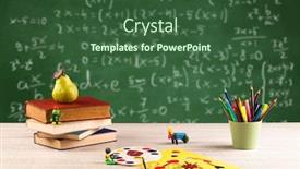  Presentation with school desk - Amazing PPT theme having back to school concept with long numbers calculation on blackboard and a desk with books fruit backdrop and a ocean colored foreground