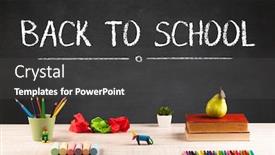  Presentation with school desk - Theme consisting of back to school concept with writing on blackboard in capital letters and a desk with papers fruit background and a dark gray colored foreground