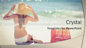  Presentation with reflection looking back to go forward - Presentation design having back turned blonde in swimsuit background and a sky blue colored foreground