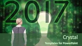  Presentation with keyhole - Amazing slide deck having back turned businesswoman holding backdrop and a ocean colored foreground