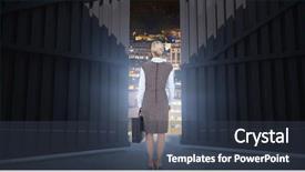  Presentation with city buildings - Cool new presentation design with back turned businesswoman holding backdrop and a  colored foreground