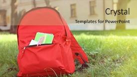  Presentation with grass texture on green - Slide set consisting of back university - school backpack with accessories background and a coral colored foreground