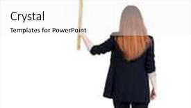  Presentation with information - Slide deck enhanced with back view business woman showing sign board young redhead girl holds information plate rear view people collection backside view of person isolated over white background background and a white colored foreground