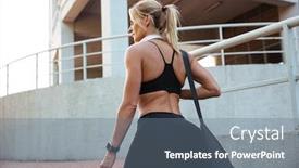  Presentation with standing strong - Beautiful PPT theme featuring back view image of strong young sports woman standing with headphones outdoors and bag looking aside backdrop and a gray colored foreground