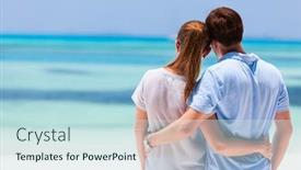  Presentation with tropical - Audience pleasing PPT layouts consisting of back view of a couple on a tropical beach vacation backdrop and a sky blue colored foreground