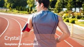  Presentation with runner - PPT theme consisting of back view of a male runner listening to music with mobile phone at the stadium background and a coral colored foreground