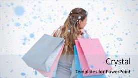  Presentation with falling snow - Cool new theme with back view of a woman holding shopping bags against snow falling backdrop and a light blue colored foreground