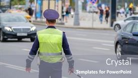  Presentation with traffic police - Presentation design having back-view-of-anonymous-man background and a gray colored foreground