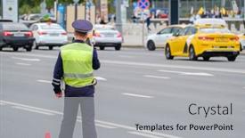  Presentation with traffic police - PPT theme featuring back-view-of-anonymous-man background and a light gray colored foreground