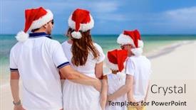  Presentation with tropical christmas - Cool new theme with back view of beautiful family wearing red santa hats at tropical beach celebrating christmas backdrop and a lemonade colored foreground