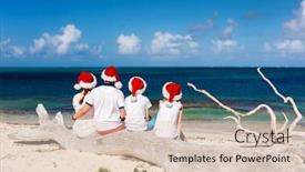  Presentation with tropical christmas - Colorful slide deck enhanced with back view of beautiful family wearing red santa hats at tropical beach celebrating christmas backdrop and a lemonade colored foreground