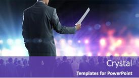  Presentation with speaker - Slide set consisting of back view of businessman speaker standing on podium in lights background and a violet colored foreground
