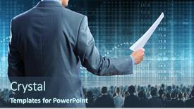  Presentation with speaker - PPT theme having back view of businessman speaker standing on podium in lights background and a ocean colored foreground