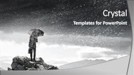  Presentation with mountain top - Slide set consisting of back view of businessman with umbrella and suitcase standing on mountain top background and a dark gray colored foreground