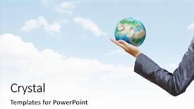  Presentation with hand holding earth - Cool new slide deck with back view of businesswoman holding backdrop and a cool aqua colored foreground