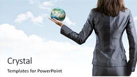  Presentation with hand holding earth - Theme featuring world hands - back view of businesswoman holding background and a white colored foreground