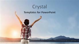  Presentation with cheerful - Cool new theme with back view of cheerful woman with hands up facing sunrise backdrop and a light blue colored foreground
