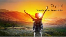  Presentation with cheerful - Slide set consisting of back view of cheerful woman with hands up facing sunrise background and a gold colored foreground