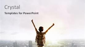  Presentation with cheerful - PPT theme having back view of cheerful woman with hands up facing sunrise background and a white colored foreground