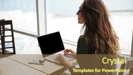  Presentation with laptop blank screen - Amazing PPT theme having back view of cute young woman sitting near blank screen of laptop in cafe backdrop and a tawny brown colored foreground