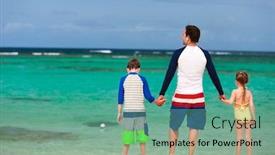  Presentation with kids - Slides enhanced with back view of father and kids enjoying beach vacation background and a seafoam green colored foreground