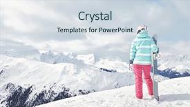  Presentation with blue mountain - Amazing slide deck having back view of female snowboarder wearing colorful helmet blue jacket grey gloves and pink pants standing with snowboard in one hand and enjoying alpine mountain landscape - snowboarding concept backdrop and a sky blue colored foreground