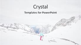  Presentation with blue mountain - Slide set consisting of back view of female snowboarder wearing colorful helmet blue jacket grey gloves and pink pants standing with snowboard in one hand and enjoying alpine mountain landscape - snowboarding concept background and a white colored foreground