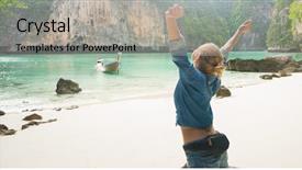  Presentation with beach rocks - Amazing PPT layouts having back view of female tourist backdrop and a light gray colored foreground