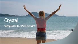  Presentation with turquoise beach - Slide set featuring back view of female tourist background and a seafoam green colored foreground