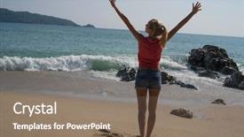  Presentation with turquoise beach - Audience pleasing PPT layouts consisting of back view of female tourist backdrop and a coral colored foreground
