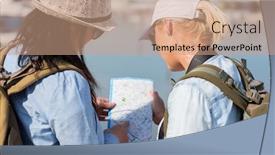  Presentation with tourists - Slides having back view of female tourists sightseeing and looking at a map background and a coral colored foreground
