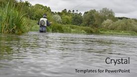  Presentation with fisherman - Presentation design with back view of fly-fisherman fishing in river background and a light gray colored foreground