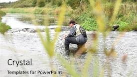  Presentation with fisherman - Colorful presentation theme enhanced with back view of fly-fisherman fishing in river backdrop and a soft green colored foreground