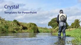  Presentation with fisherman - Slide set having back view of fly-fisherman fishing in river background and a light blue colored foreground