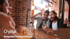 Presentation with mirror - Cool new PPT layouts with back view of friends making photo near the mirror in bar backdrop and a tawny brown colored foreground