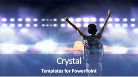  Presentation with stage lights - PPT theme consisting of back view of girl with hands up standing in stage lights background and a ocean colored foreground