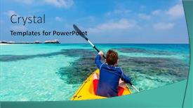  Presentation with kayak - PPT layouts having back view of happy teenage boy on a kayak at tropical lagoon background and a light blue colored foreground