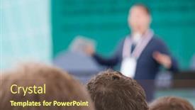  Presentation with stage - PPT layouts having back-view-of-male-attendee and a tawny brown colored foreground