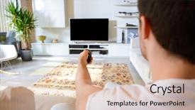  Presentation with controller - Presentation design featuring back view of man sitting on couch with remote controller against blank screen of tv background and a lemonade colored foreground