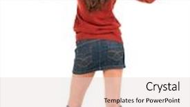  Presentation with emotions - Slide deck with back view of of young brunette woman in jeans and sweater going thumb up isolated on white rear view showing of positive emotions with ok sign concept background and a lemonade colored foreground