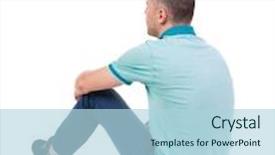  Presentation with polo - Beautiful presentation theme featuring back view of seated handsome man in polo looking up standing young guy in jeans rear view people collection backside view of person isolated over white background backdrop and a light blue colored foreground