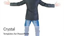  Presentation with upwards - Colorful slides enhanced with back view of shocked and scared young business man holds hands upwards rear view isolated over white background backdrop and a white colored foreground