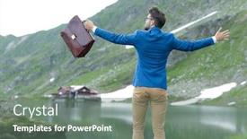  Presentation with free nature - Colorful presentation theme enhanced with back view of smart casual man wearing blue coat holding suitcase holding arms open and feeling free outdoor in nature at balea lake romania backdrop and a gray colored foreground