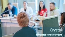  Presentation with conference table microphones - PPT layouts with back-view-of-unrecognizable-businesswoman background and a ocean colored foreground